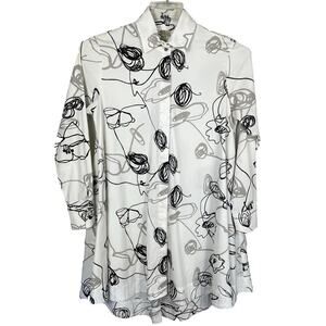 Comfy USA Shirt Dress Tunic Size XS White Black Abstract Print Artsy Back Zipper